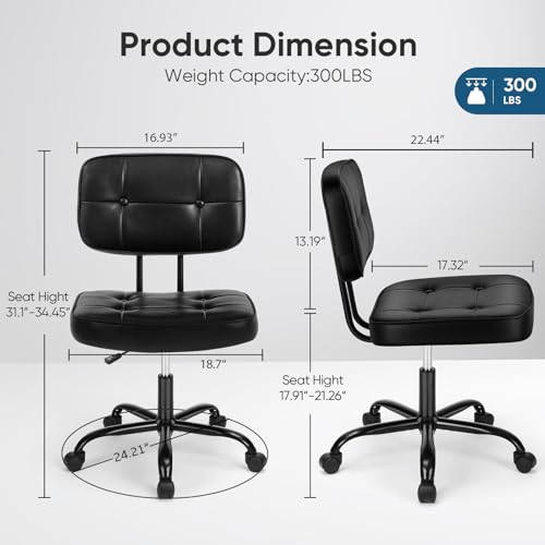 DUMOS Home Office Desk Chair - Ergonomic Armless PU Leather Computer Rolling Task Chair，with Comfy Lumbar Support and Height Adjustable, Vanity, Bedroom, Living Room, Black