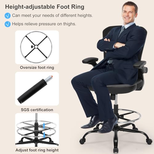 Bondesin Drafting Chair Tall Office Chair with PU Leather Seat, 400lbs Ergonomic Standing Desk Chair with Lumbar Support,Counter Stool with Adjustable Footrest Ring & Flip-up Armrests,Black