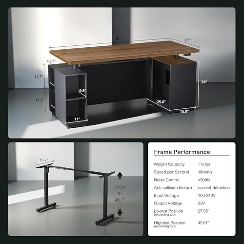 ModernMate 71" Electric Standing Executive Desk with Privacy Panel, Large One-Piece Height Adjustable Stand Up Desk, Power Outlet & Storage for Home Office, Black Walnut