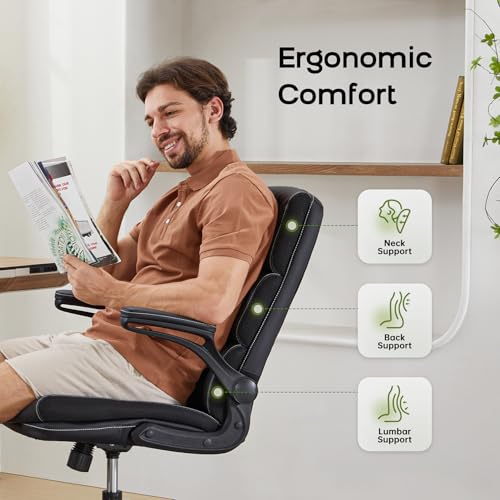 Office Chair Adjustable Desk Chair Mid Back Executive Comfortable Bonded Leather Ergonomic Back Support Home Computer Chair with Padded Flip-up Armrest Swivel Wheels (Black)