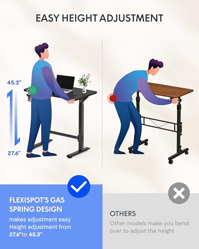 FLEXISPOT H7 Plus Gas Spring Adjustable Standing Desk, Mobile Rolling Sit-Stand Workstation with Wheel, Cordless Stand Up Desk for Small Room & Home Office 32" One-Piece Desktop Black,height 27.6"–45"