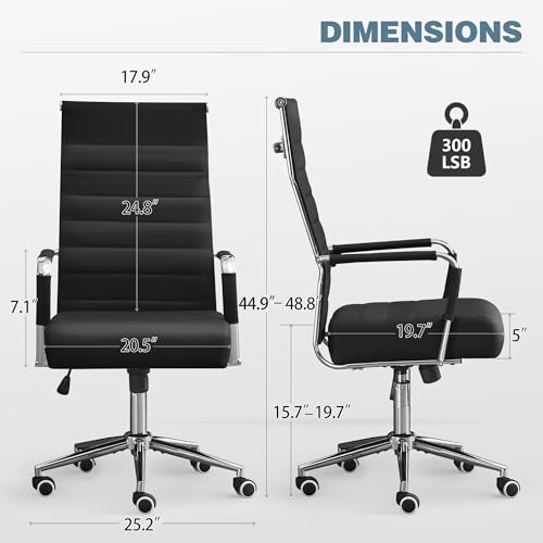 Office Desk Chair, Leather Conference Room Chairs with High Back,Wheels and Arms, Modern Ergonomic Ribbed Height Adjustable Swivel Executive Chair for Home Office (Black)
