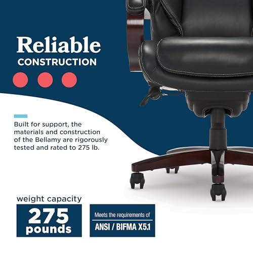 La-Z-Boy® Bellamy Executive Office Chair with Memory Foam Cushions, Real Wood Arms and Swivel Base, Waterfall Seat Edge, Faux Bonded Leather, Black