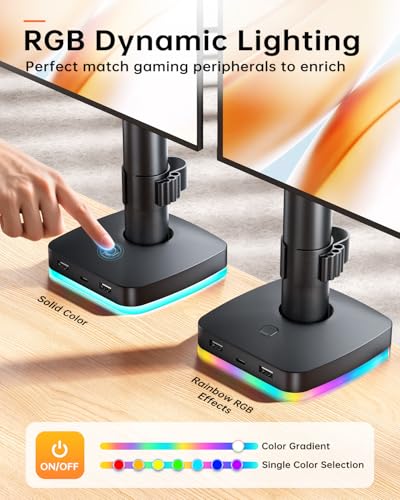 RGB Single Monitor Stand, Monitor Arm with 3 USB Ports, Charging and USB Data Transfer Function, Adjustable Desk Mount for 13"-27" Monitors up to 17.6lbs, VESA 75x75mm 100x100mm, Ergonomic Design