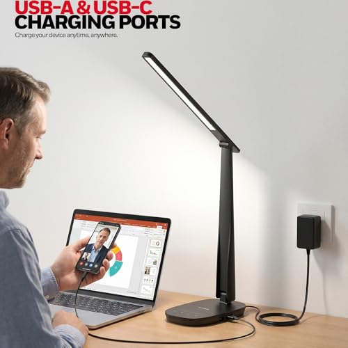 Honeywell LED Desk Lamp for Home Office, Eye-Caring Dimmable Reading Light with 4 Color Modes, Touch Control, USB-A & USB-C Charging Ports, Adjustable Head, Timer for Bedroom & Small Desks