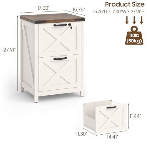 Halitaa 2 Drawer Small File Cabinet with Lock, Farmhouse Vertical Filing Cabinet Fits Letter and A4 Size, Under Desk Wooden File Cabinets for Home Office, Printer Stand, Rustic White