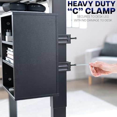 VIVO Clamp-on Under Desk Shelving Unit, Office Accessory Holder for Supplies, Gaming Devices, and More, Multi-Level Storage Shelves, Workstation Organizer, Black, DESK-SHELF3CL