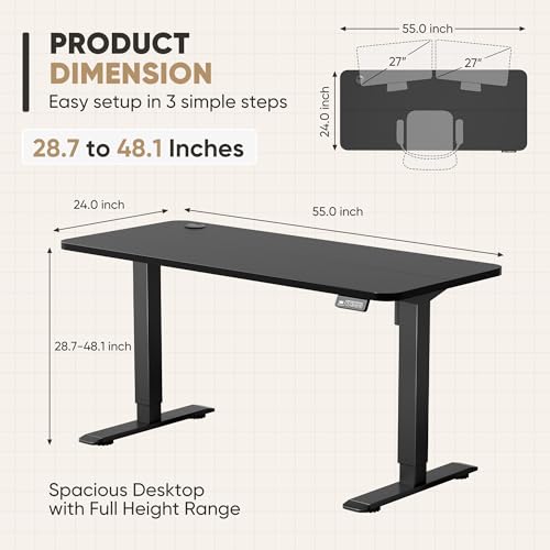 Furmax 55 x 24 Inches Electric Height Adjustable Standing Desk Large Sit Stand Up Desk Home Office Computer Desk Memory Preset with T-Shaped Metal Bracket, Black