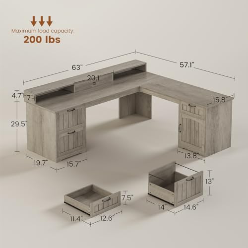 SEDETA 63" L Shaped Desk with Drawers, Farmhouse Corner Computer Desk, Wood Office Desk with File Drawers with Storage, Executive Desk with Monitor Stand and Storage Cabinet, Grey