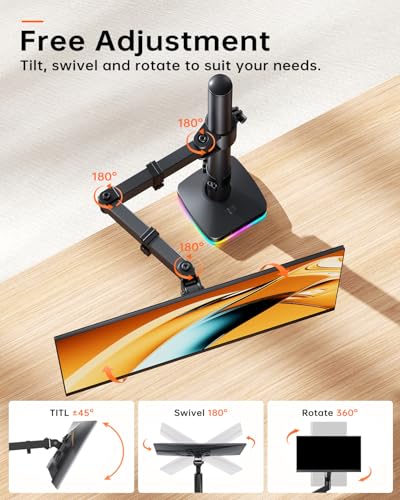 RGB Single Monitor Stand, Monitor Arm with 3 USB Ports, Charging and USB Data Transfer Function, Adjustable Desk Mount for 13"-27" Monitors up to 17.6lbs, VESA 75x75mm 100x100mm, Ergonomic Design