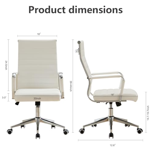 Office Desk Chair Leather, Conference Room Chairs with Wheels, Executive Modern High Back Ergonomic Swivel Rolling Ribbed Computer Chair（White）