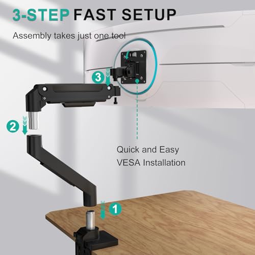 WALI Ultrawide Single Monitor Arm for 13-49 Inch Heavy Duty 1000R Curved Screens, up to 44 Lbs, Adjustable Single Monitor Desk Mount with C-Clamp, Grommet Base, 75/100mm VESA Mount (GSM001XL), Black