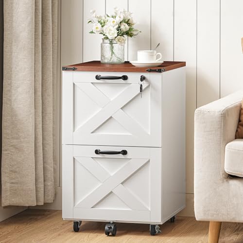 HOOBRO 2 Drawer File Cabinet with Lock, Under Desk Mobile Filing Cabinet for Home Office, Wooden Farmhouse Office Storage Cabinet, Printer Stand Fits Letter and A4 Size, Walnut and White WH66WJ01
