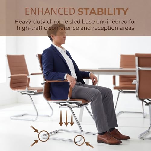 DM Furniture Conference Room Chairs Set of 6, Waiting Room Chairs with Arms, Faux Leather Reception Chairs No Wheels, Office Guest Chairs with Mid Back Support and Chrome Sled Base, Cafe