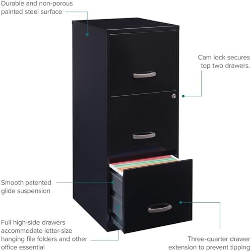 BOWERY HILL 3 Drawers 35.5" Vertical Black Metal Filing Cabinet Lockable Pre-Assembled Stationary Letter Size for Home, Office