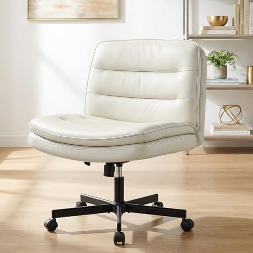 GTPLAYER Cross Legged Office Chair, Armless Desk Chair Cute Vanity Chair with Wheels Computer Chair Comfy Wide Office Chair Adjustable Swivel for Home Computer Task,Pu Leather Beige