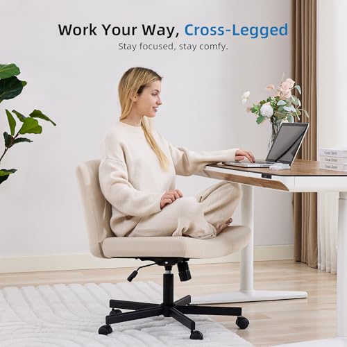 amseatec Criss Cross Chair, Wide Cross Legged Desk Chair with Wheels, Comfy Fabric Vanity Chair for Home Office, Adjustable Armless Swivel Task Chair with 90–115°Tilt（300Lbs/Beige）