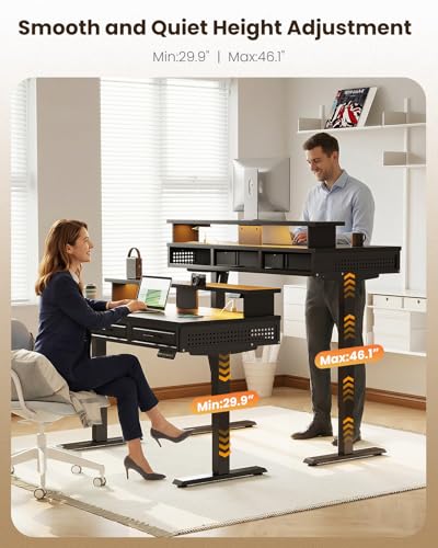 OffiGo Electric Standing Desk with 3 Wooden Drawers, 48 Inch Height Adjustable Desk with Power Outlets & LED Lights, Black Sit Stand Table with Monitor Stand for Home, Office, Workstation