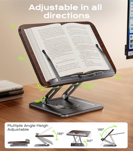Book Stand for Reading, Adjustable Book Holder with 360°Rotating Bases, Ergonomic Cookbook Stand Recipe Book Holder with Elastic Page Clips for Magazines, Tablets, Laptops,Black