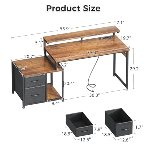AODK Computer Desk with Printer Storage Shelf, 56 Inch Office Desk with Drawers & Power Outlet, Reversible Desk Space-Saving Workstation with Individual PC Stand, Rustic Brown