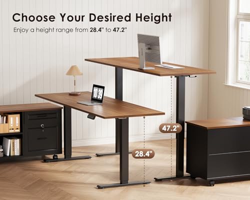 OffiGo 55 Inch L Shaped Electric Standing Desk with Drawers & File Cabinet Sets, Executive Sit Stand Desk, Height Adjustable Computer Desk for Home Office, Writing, Workstation, Walnut+Black
