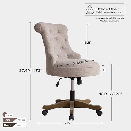 HUIMO Home Office Chair Upholstered Armless Linen Fabric Desk Chair with Wheels Adjustable Height Computer Desk Chair with Wooden Legs No Arms Swivel Chairs for Farmhouse Women Study Studio (Brown)