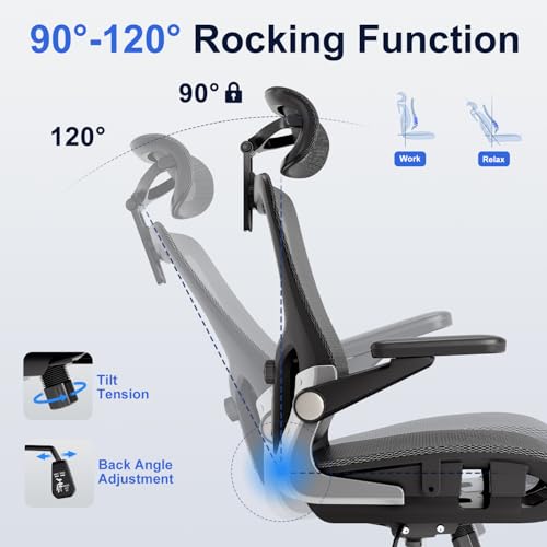 marrap Ergonomic Office Chair, Mesh Seat Cushion with 3D Armrests and 3D Headrest, Adjustable Lumbar Support with 90-120° Rocking Function for Home Office, Black