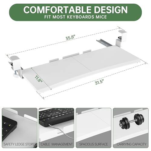 UPGRAVITY Extra Large Keyboard Tray Under Desk - Slide Out with Sturdy C-Clip Mount System, 31.5" (35.8" Including Clamps) x 11.8" Put-Out Keyboard Tray Computer Drawer for Ergonomic Typing, White