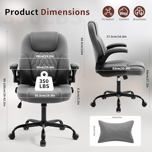 Nexthro Executive Office Chair PU,Leather Office Chair with Wheels,360° Swivel Rolling Chair with Padded Arms,Ergonomic Computer Chair with Lumbar Support for Short People Use (Grey)