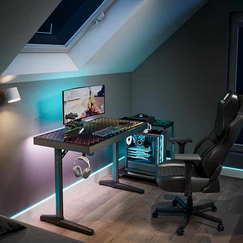 EUREKA ERGONOMIC RGB LED Gaming Desk, Music Sync Lights Up Tempered Glass Desktop, 43" GTG I43 Home Office Computer Table W Controller Rack 4 USB Charging Ports, APP Control