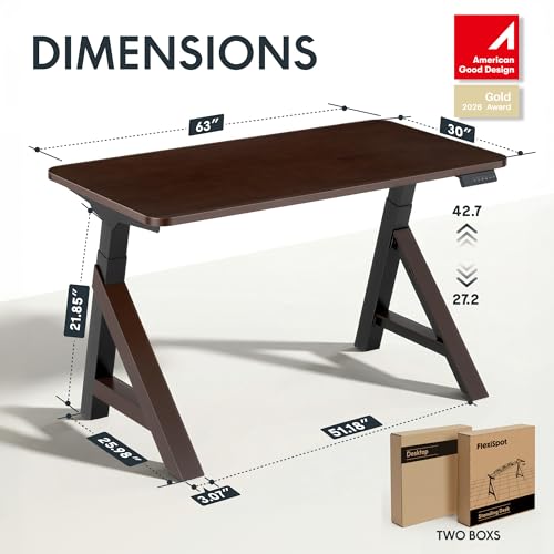 FLEXISPOT WoodiX 63 x 30 Inch Solid Wood Standing Desk, Premium Mid-Century Modern Executive Desk, Dual Motor Sit-Stand Workstation with Cable Management, 220 LBS, Walnut