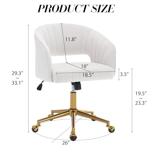 Home Office Chair Swivel Velvet Desk Chair Accent Armchair Upholstered Modern Tufted Chairs with Gold Base for Girls Women Ergonomic Study Seat Computer Task Stools for Living Room(Cream)