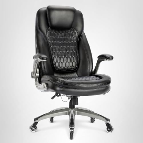 Executive Office Chair-Ergonomic Computer Desk Chair, High Back Leather Chair with Padded Flip-up Arms, Swivel Home Office Chair Upgraded Caster-Black