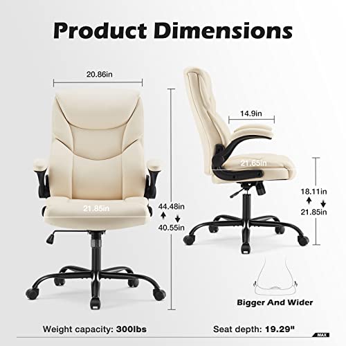 DUMOS PU Leather Office Chair - Ergonomic Executive Computer Desk Chairs with Adjustable Flip-up Armrest, Swivel Task Chair with Lumbar Support, Strong Metal Base, Cream White