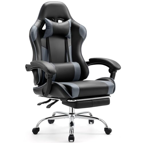 Sweetcrispy Video Game Desk Chair - Ergonomic Computer with Footrest and Comfy Lumbar Support, PU Leather Recliner with Headrest, Fixed Up Armrest, Height Adjustable with 360° Swivel, for Adults, Grey