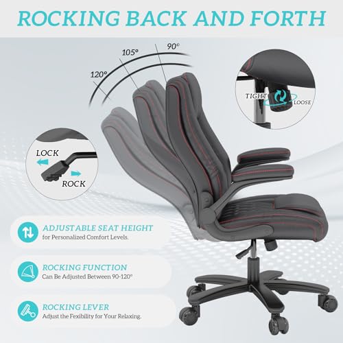 GYI Office Chair, Ergonomic Computer Desk Chair, Leather Executive Office Chair with High Back, Lumbar Support, Flip-up Arms, Wide and Thick Padded Seat, Heavy Duty Base, Rubber Wheels, Black
