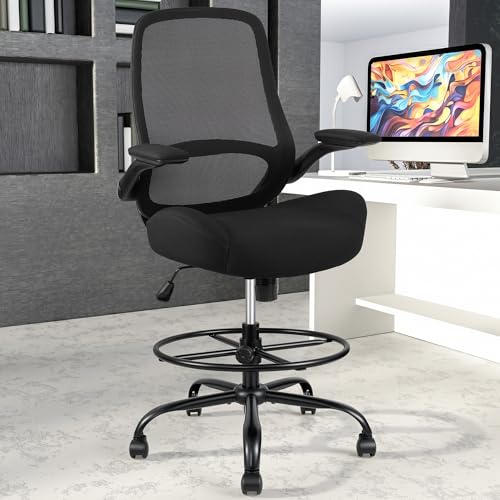 HYLONE 400lbs Big and Tall Heavy Duty Drafting Chair 5" Thickened Seat Tall Office Chair Flip-Up Armrests Ergonomic Chair with Lumbar Support and Adjustable Footrest Ring Standing Desk Chair (Black)