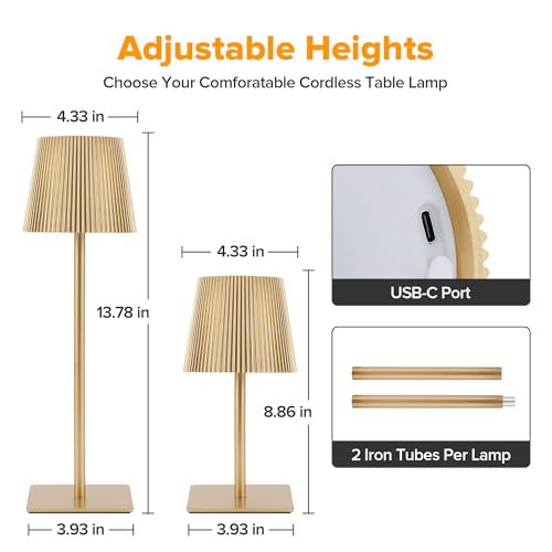 LUTEC 4 Pack Cordless Table Lamp,6000mAh Rechargeable Battery Operated Desk Lamp,Two Adjustable Heights,Waterproof, Touch Control & 3 Color Stepless Dimming for Restaurant/Bedroom/Bars/Outdoor (Gold)
