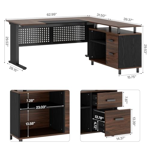Tribesigns 63 Inch Executive Desk with File Cabinet, Large Office Desk L Shaped Computer Desk with Drawers and Storage Shelves, Business Furniture Desk for Home Office, Dark Walnut and Black