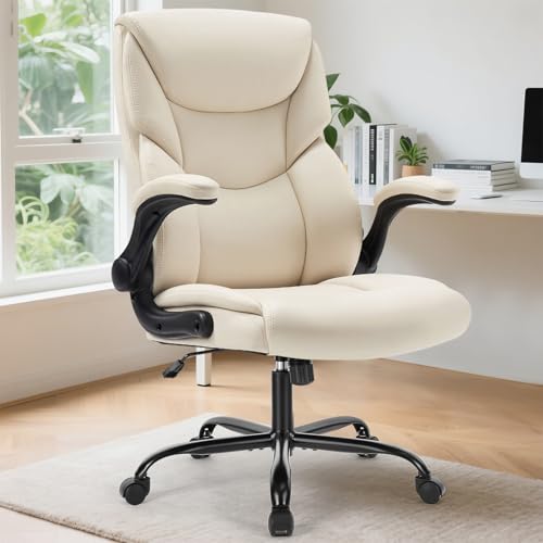 DUMOS PU Leather Office Chair - Ergonomic Executive Computer Desk Chairs with Adjustable Flip-up Armrest, Swivel Task Chair with Lumbar Support, Strong Metal Base, Cream White