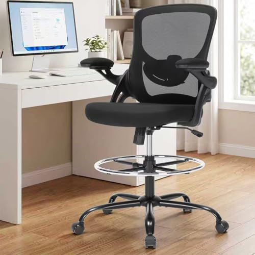 Heromate Drafting Chair Ergonomic Comuputer Standing Desk Chair with Flip-Up Arms and Lumbar Support, Tall Office Chair with Adjustable Footrest, Stool Counter Height Office Chairs Black