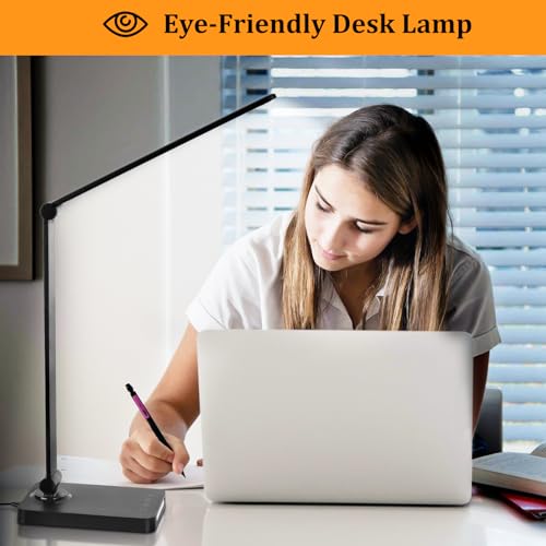 LED Desk Lamp with USB Ports,Touch Desk Lamps for Home Office with 5 Color Modes,3 Brightness Desk Light with Small Night Light,Reading Lamp Table Lamp for Bedroom Bedside Study Black （with adapter）