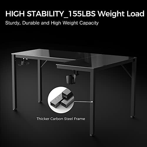 EUREKA ERGONOMIC RGB LED Lights 60 Inch L Shaped Reversible Black Glass Gaming Desk Home Office Computer Table GTG L60