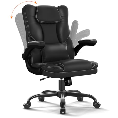 Ergonomic Office Chair with Flip-up Armrests, 300lbs Mid Back Computer Office Desk Chair with Lumbar Support, Executive Leather Chair with Rocking Function Adjustable Height for Home Office
