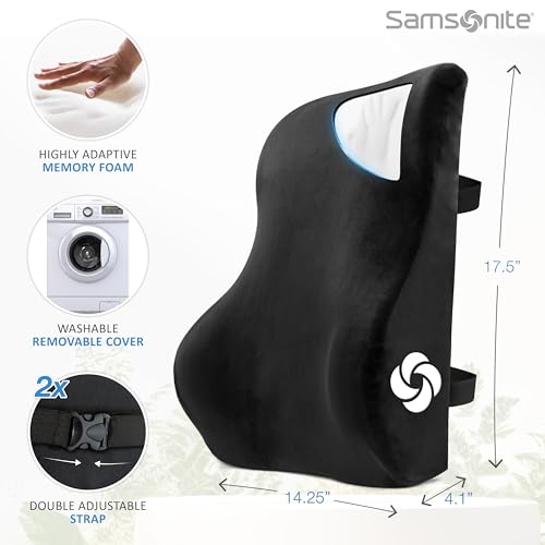 Samsonite Memory Foam Lumbar Support Pillow, Ergonomic Back Cushion for Office Chair, Gaming Chair, Automotive Full Back Support, Home Essentials for Sitting Comfort and Posture Relief, Black