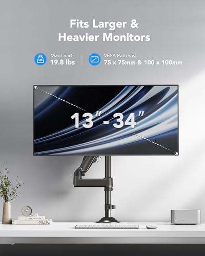 HUANUO Single Monitor Arm, Adjustable Desk Mount for 13-34 inch Screens, Holds 19.8lbs, 22.44 inch Max Height, Full Motion Swivel Gaming Monitor Stand with VESA 75x75mm and 100x100mm Compatibility