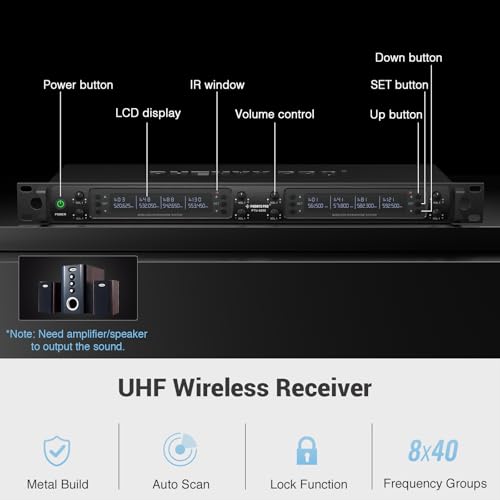 Phenyx Pro Wireless Microphone System, 8-Channel Wireless Mic, w/ 8 Handheld Dynamic Microphones, Auto Scan,8x40 UHF Frequencies, 328ft Range, Mics for Singing,Church, Karaoke(PTU-6000-8H)