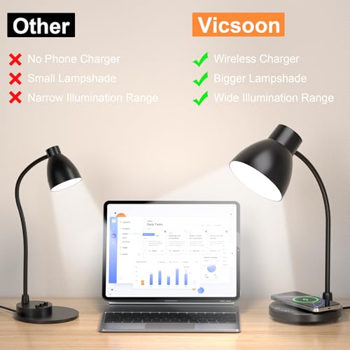 Vicsoon Desk Lamps for Home Office - LED Desk Lamp with Wireless Charger, 3 Color Modes Dimmable Eye-Caring Study Reading Desk Light, Small Flexible Arm Table Lamp for College Dorm Room Bedside, Black