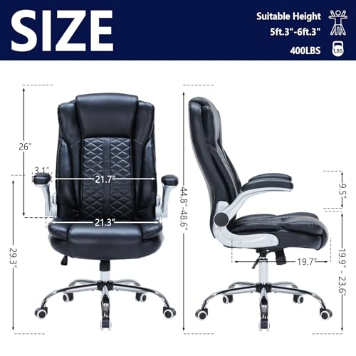 400lbs Executive Office Chair with Flip-Up Armrests, Big and Tall Computer Chair for Heavy People, Heavy Duty Ergonomic Comfy Chair, Breathable PU Leather (Black)