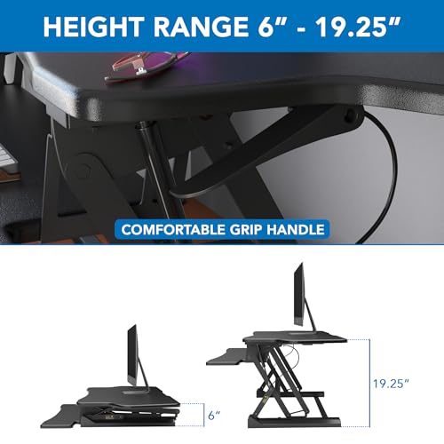 Mount-It! Standing Desk Converter, 48" Wide Sit Stand Desk Riser with Dual Gas Spring Handles, Height Adjustable from 6"–19.25", Extra Large Tabletop for 2 Monitors, Keyboard Tray & Device Slot, Black